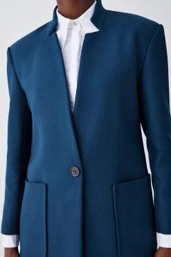 Karen Millen Italian Virgin Wool Notch Pop On Coat -Karen Millen shop teal italian virgin wool notch pop on coat 1 3