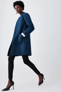 Karen Millen Italian Virgin Wool Notch Pop On Coat -Karen Millen shop teal italian virgin wool notch pop on coat 1 4