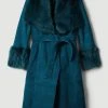 Karen Millen Petite Shearling Wrap Belted Coat -Karen Millen shop teal petite shearling wrap belted coat