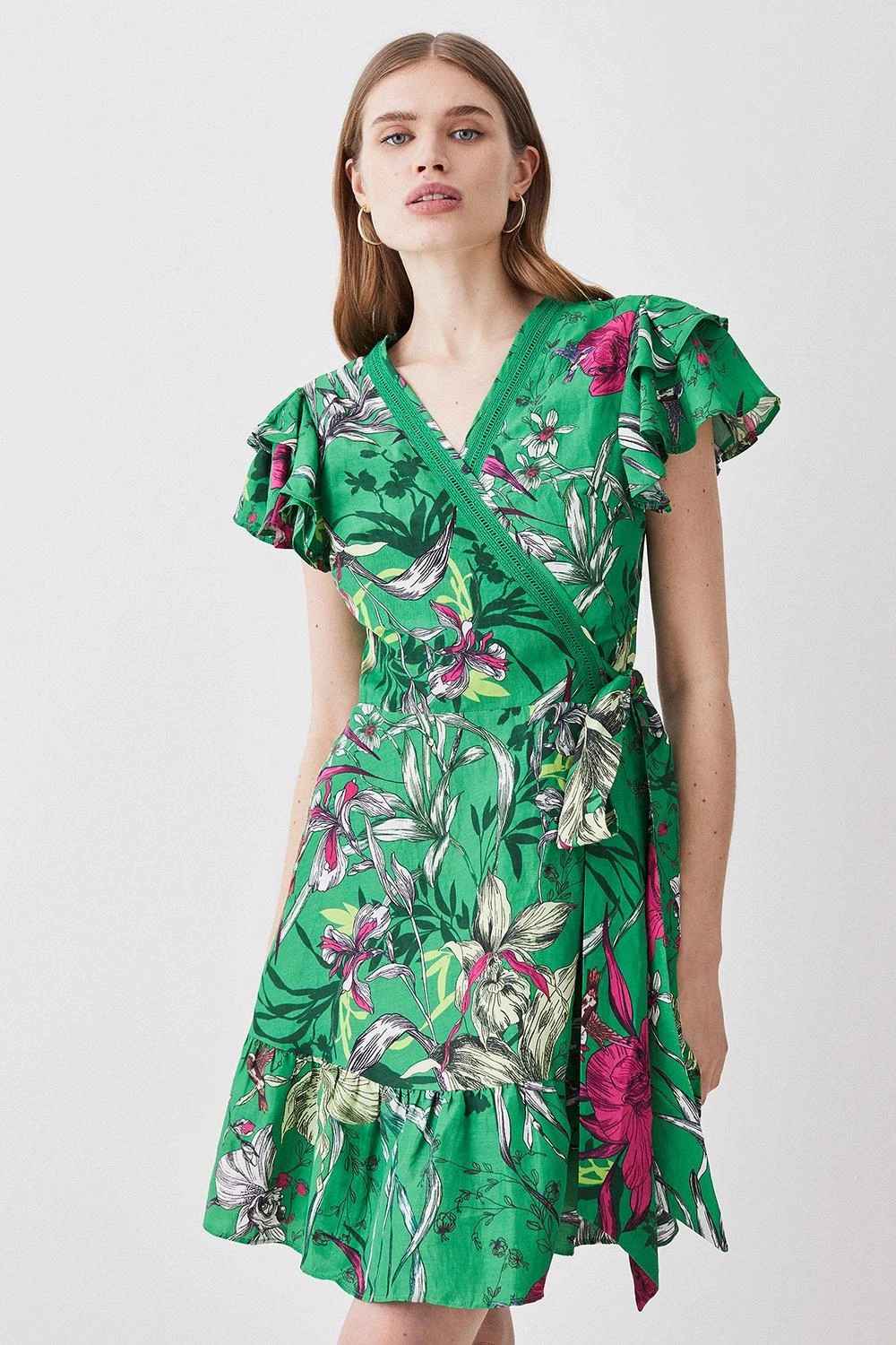 Karen Millen Tiered Floral Printed Linen Modal Woven Mini Dress 3 Karen Millen Tiered Floral Printed Linen Modal Woven Mini Dress