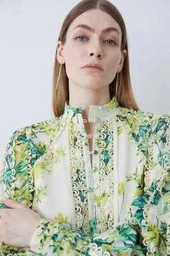 Karen Millen Trailing Floral Woven High Neck Blouse