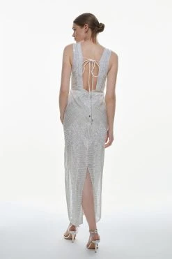 Karen Millen Armour Beaded Detailed Woven Maxi Dress -Karen Millen shop white armour beaded detailed woven maxi dress 2