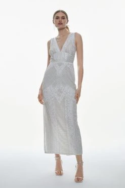 Karen Millen Armour Beaded Detailed Woven Maxi Dress -Karen Millen shop white armour beaded detailed woven maxi dress 5