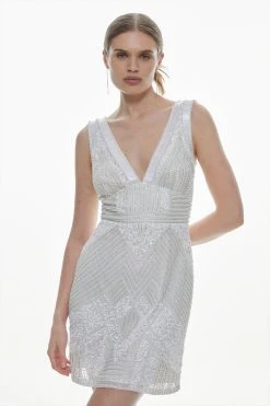 Karen Millen Armour Beaded Detailed Woven Mini Dress