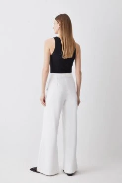 Karen Millen Clean Tailored Button Detail Wide Leg Trousers -Karen Millen shop white clean tailored button detail wide leg trousers 1 2