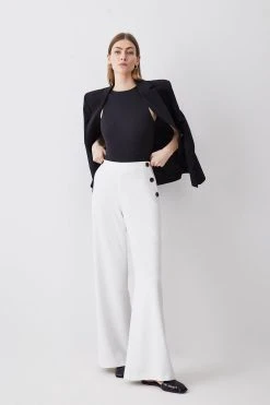 Karen Millen Clean Tailored Button Detail Wide Leg Trousers -Karen Millen shop white clean tailored button detail wide leg trousers 1 3