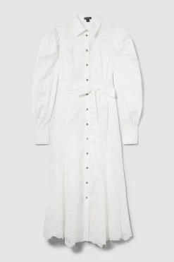 Karen Millen Cotton Cutwork Midi Shirt Dress -Karen Millen shop white cotton cutwork midi shirt dress 1