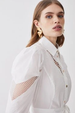 Karen Millen Cotton Cutwork Midi Shirt Dress -Karen Millen shop white cotton cutwork midi shirt dress 4