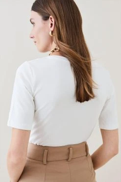 Karen Millen Cotton Scoop Neck Short Sleeve T-Shirt -Karen Millen shop white cotton scoop neck short sleeve t shirt 1