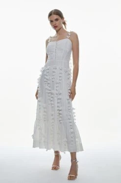 Karen Millen Floral Applique Strappy Woven Maxi Dress -Karen Millen shop white floral applique strappy woven maxi dress 3