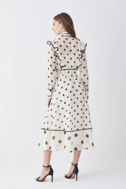 Karen Millen Petite Mixed Dot Piped Ruffle Georgette Midi Dress