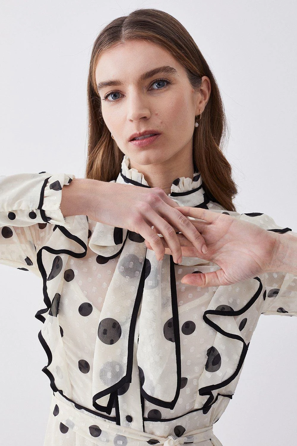 Karen Millen Petite Mixed Dot Piped Ruffle Georgette Midi Dress 8 Karen Millen Petite Mixed Dot Piped Ruffle Georgette Midi Dress - Image 6