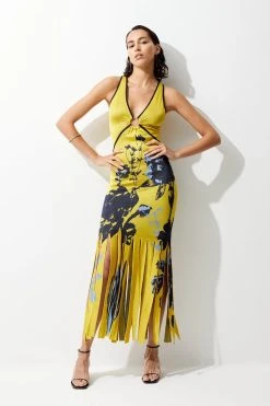 Karen Millen Abstract Slinky Jacquard Knitted Maxi Shredded Hem Dress -Karen Millen shop yellow abstract slinky jacquard knitted maxi shredded hem dress 2