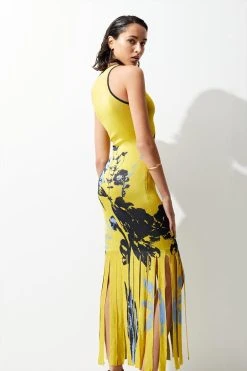 Karen Millen Abstract Slinky Jacquard Knitted Maxi Shredded Hem Dress