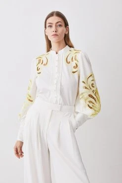 Karen Millen Cutwork Twill Button Through Woven Shirt -Karen Millen shop yellow cutwork twill button through woven shirt 2