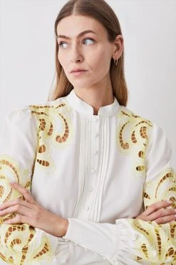 Karen Millen Cutwork Twill Button Through Woven Shirt -Karen Millen shop yellow cutwork twill button through woven shirt 3