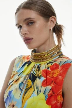 Karen Millen Diamante Trim Infinity Floral Woven Mdiaxi Dress
