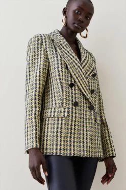 Karen Millen Italian Texture & Sequin Tweed Tailored Double Breasted Jacket -Karen Millen shop yellow italian texture sequin tweed tailored double breasted jacket 2