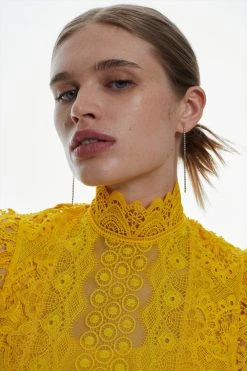 Karen Millen Petite Guipure Lace Mirrored Floral Pleated Woven Mini Dress -Karen Millen shop yellow petite guipure lace mirrored floral pleated woven mini dress 1