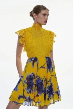 Karen Millen Petite Guipure Lace Mirrored Floral Pleated Woven Mini Dress -Karen Millen shop yellow petite guipure lace mirrored floral pleated woven mini dress 2
