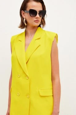 Karen Millen Soft Twill Sleeveless Tux Jacket -Karen Millen shop yellow soft twill sleeveless tux jacket 1 4