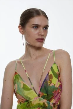 Karen Millen Tropical Orchid Strappy Crinkle Shirred Woven Mini Dress -Karen Millen shop yellow tropical orchid strappy crinkle shirred woven mini dress 2