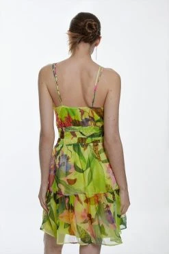 Karen Millen Tropical Orchid Strappy Crinkle Shirred Woven Mini Dress -Karen Millen shop yellow tropical orchid strappy crinkle shirred woven mini dress 4