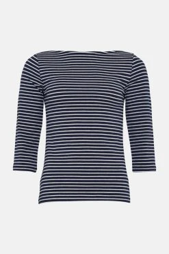 Karen Millen Cotton Stripe Slash Neck 3/4 Sleeve Top