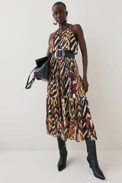 Karen Millen Animal Shirred Halter Woven Maxi Dress 8 Karen Millen Animal Shirred Halter Woven Maxi Dress -Karen Millen shop animal shirred halter woven maxi dress 1