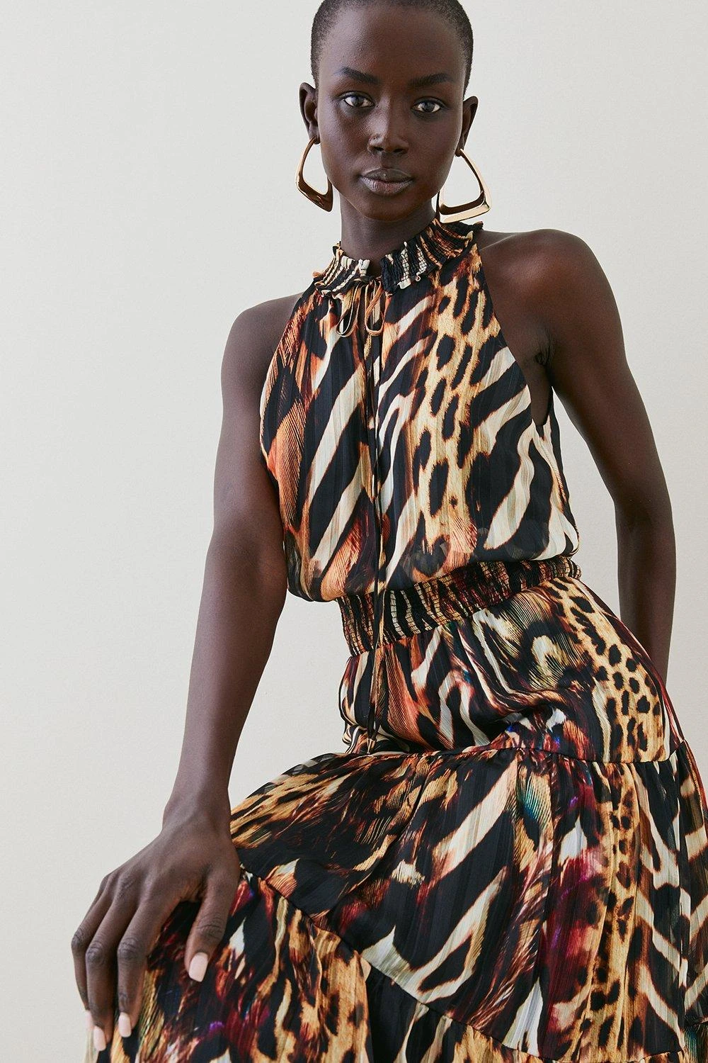 Karen Millen Animal Shirred Halter Woven Maxi Dress 7 Karen Millen Animal Shirred Halter Woven Maxi Dress - Image 5