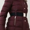 Karen Millen Belted Puffer Faux Fur Midi Length Hooded Coat -Karen Millen shop berry belted puffer faux fur midi length hooded coat