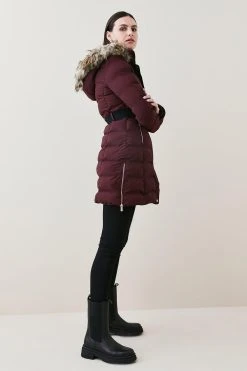 Karen Millen Belted Puffer Faux Fur Midi Length Hooded Coat -Karen Millen shop berry belted puffer faux fur midi length hooded coat 2