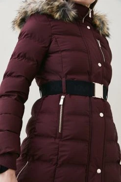 Karen Millen Belted Puffer Faux Fur Midi Length Hooded Coat
