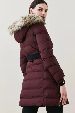 Karen Millen Belted Puffer Faux Fur Midi Length Hooded Coat -Karen Millen shop berry belted puffer faux fur midi length hooded coat 3