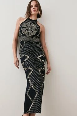 Karen Millen All Over Baroque Hot Fix Halter Neck Neck Midaxi Dress -Karen Millen shop black all over baroque hot fix halter neck neck midaxi dress 1 2