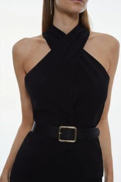 Karen Millen Compact Stretch Halter Neck Belted Jumpsuit -Karen Millen shop black compact stretch halter neck belted jumpsuit 3