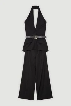 Karen Millen Compact Stretch Halter Neck Belted Jumpsuit -Karen Millen shop black compact stretch halter neck belted jumpsuit 4