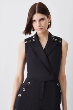 Karen Millen Compact Stretch Mesh Cut Out Eyelet Detail Wide Leg Jumpsuit