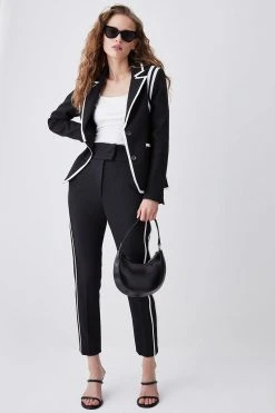 Karen Millen Compact Stretch Tipped Detail Single Breasted Blazer -Karen Millen shop black compact stretch tipped detail single breasted blazer 3