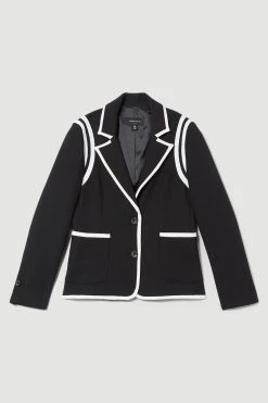 Karen Millen Compact Stretch Tipped Detail Single Breasted Blazer -Karen Millen shop black compact stretch tipped detail single breasted blazer 4