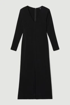 Karen Millen Compact Viscose Sleeved Split Front Maxi Dress -Karen Millen shop black compact viscose sleeved split front maxi dress 1