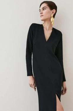 Karen Millen Compact Viscose Sleeved Split Front Maxi Dress -Karen Millen shop black compact viscose sleeved split front maxi dress 2