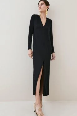 Karen Millen Compact Viscose Sleeved Split Front Maxi Dress -Karen Millen shop black compact viscose sleeved split front maxi dress 4