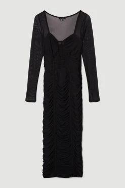 Karen Millen Corset Detail Ruched Mesh Jersey Midi Dress -Karen Millen shop black corset detail ruched mesh jersey midi dress 2