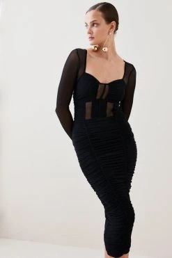 Karen Millen Corset Detail Ruched Mesh Jersey Midi Dress -Karen Millen shop black corset detail ruched mesh jersey midi dress 3