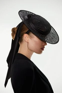 Karen Millen Emily-London Bow Detail Boater -Karen Millen shop black emily london bow detail boater 1 2