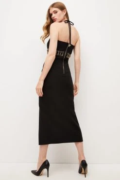 Karen Millen Eyelet Chain Trim Column Maxi Dress -Karen Millen shop black eyelet chain trim column maxi dress 1 1