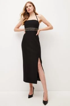 Karen Millen Eyelet Chain Trim Column Maxi Dress -Karen Millen shop black eyelet chain trim column maxi dress 1 2
