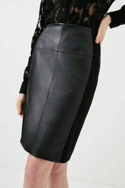 Karen Millen Faux Leather And Ponte Panelled Pencil Skirt -Karen Millen shop black faux leather and ponte panelled pencil skirt 4