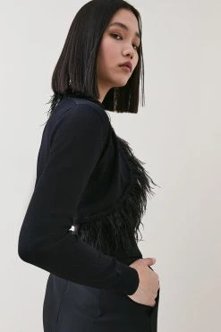 Karen Millen Feather Trim Knit Bolero With Mesh Sleeve